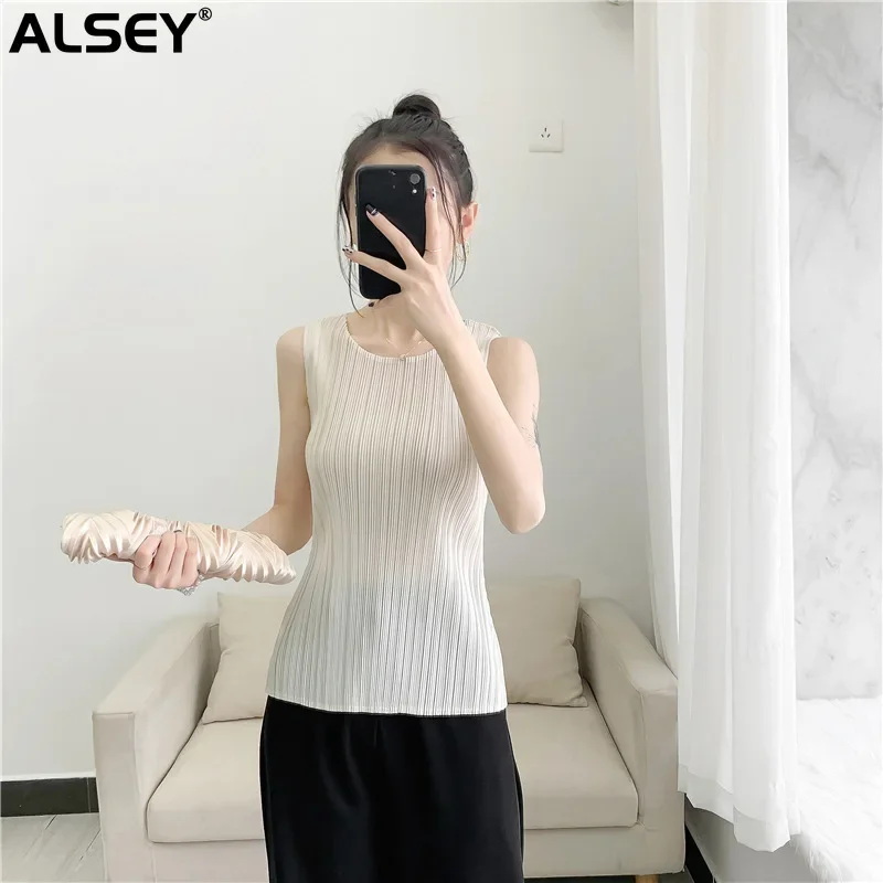 ALSEY Miyake Summer Vest Women's Pleated Tops Sleeveless T-Shirt High Rebound Solid Color Kawaii Slim Fashion Women's Clothing