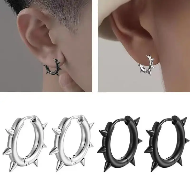 Punk Spike Rivet Hoop Earrings For Women Men Ear Studs Stainless Steel Gothic Hip Hop European And American Earring Jewelry Gif