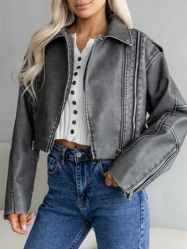 Ailegogo Streetwear Women Retro Short Pu Faux Leather Jacket Spring Autumn Female Zipper Coat Vintage Moto Biker Outwear