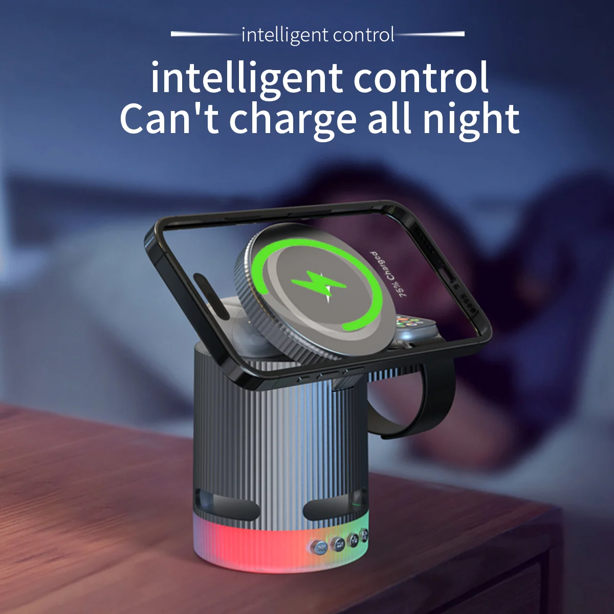 Magnetic Wireless Charging Station with Wireless Speaker Night Light 15w Fast Chargerfor iPhone17/16 iWatch and AirPods