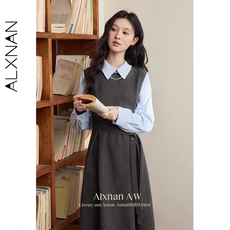 

ALXNAN Women's Dress False Two-piece Shirt Belted Waist Flip Collar Dress New Elegant Formal Commuting Long-sleeve Dress L51929