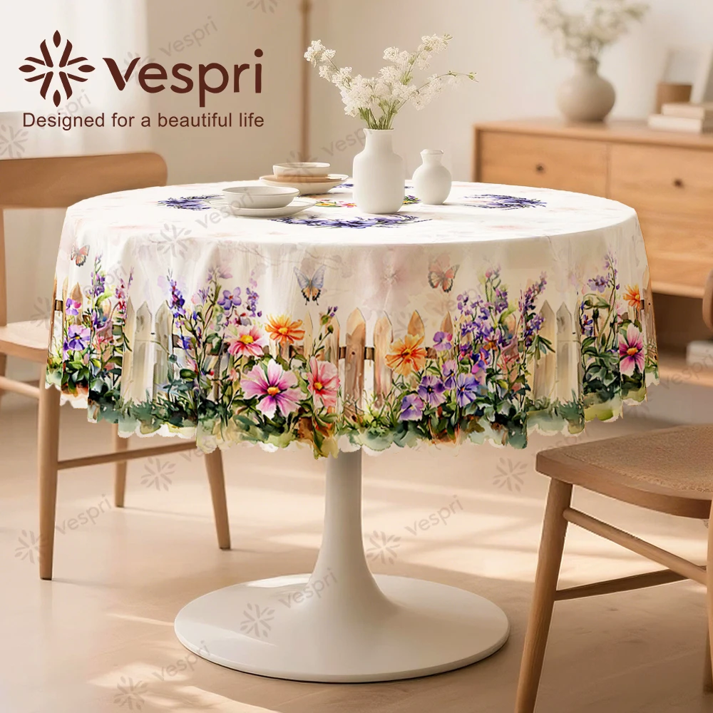 Vespri Spring Tablecloth Pastel Floral Easter Tablecloth with White Yellow Flowers Butterflies Fence for Party Restaurant