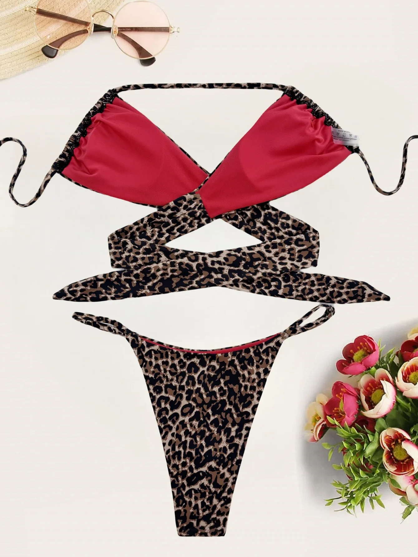 Conjuntos de bikinis cruzados con estampado de leopardo sexy, traje de baño de dos piezas con lazo halter, trajes de playa, traje de baño, bikini tankini