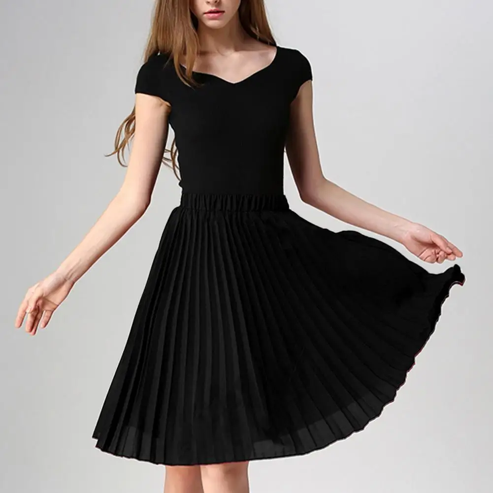 

High Waist Elastic Waistband Flowy Large Hem Pleated Skirt Women Solid Color A-Line Knee-Length Skirt