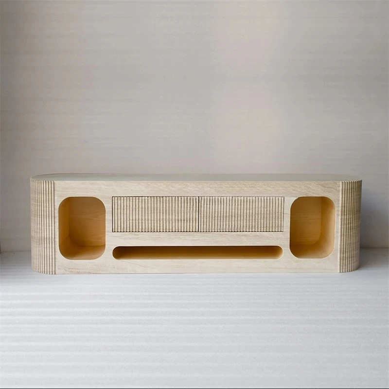 A  Wabi Sansan natural Roman travertine marble integrated TV cabinet, light luxury villa small apartment floor cabinet
