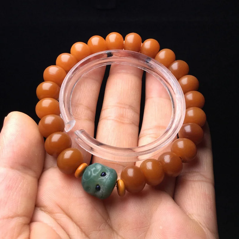 Weathered Apple Bead Single-Loop Bracelet for Men and Women, Yellow Bodhi Root with Lotus Seed Beads