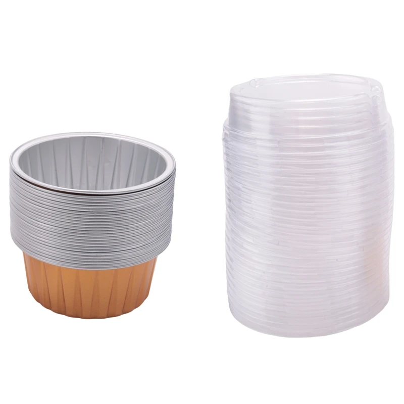 Tazas de postre con tapas, soportes de papel de aluminio dorado para hornear, utilidad para hornear magdalenas, pudín transparente Ramekin