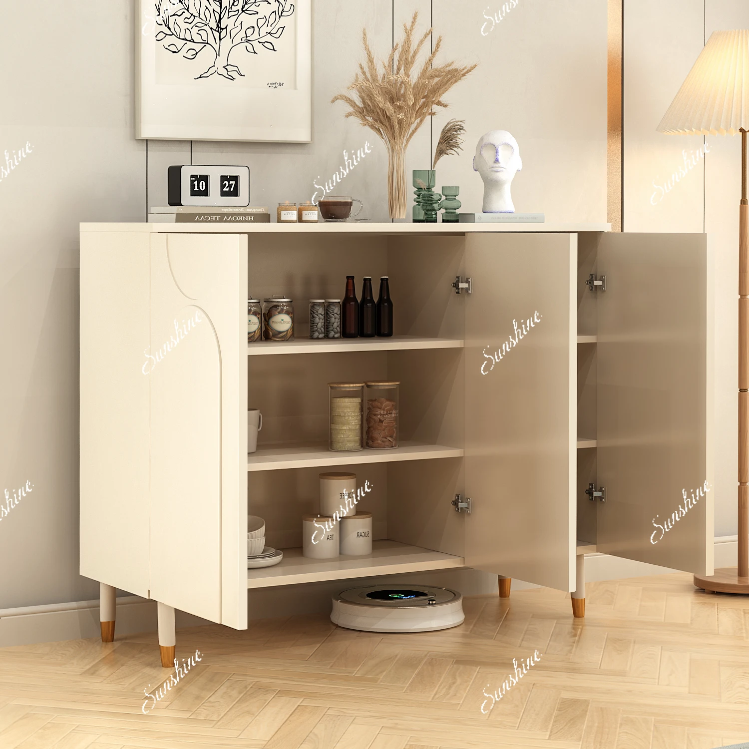 The sideboard is integrated against the wall for creamy style modern and simple solid wood living room kitchen