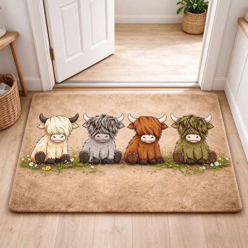 VIKAMA Hairy Highland Cow Cartoon Entrance Mat Non Slip Mudroom Foyer Hallway Back Door Country Farmhouse Decor