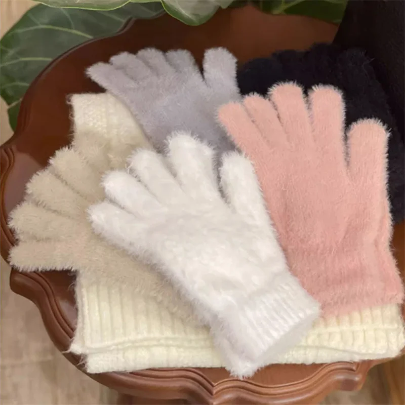 Mink Fleece Soft Winter Full Finger Gloves Women Warm Luxury Solid White Plush Knitted Gloves Wrist Mittens Christmas Gifts