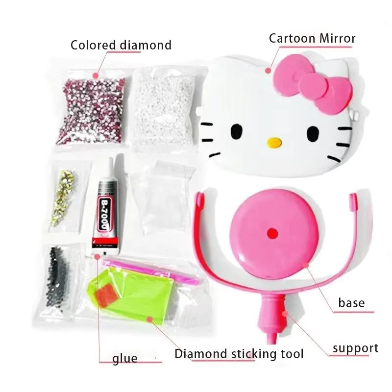 Sanrio Hello Kitty Creative Gift Cat Sticker Diamond Mirror Desktop Mirror Kt Makeup Mirror Pink Diy Diamond Embedding Gift Toys