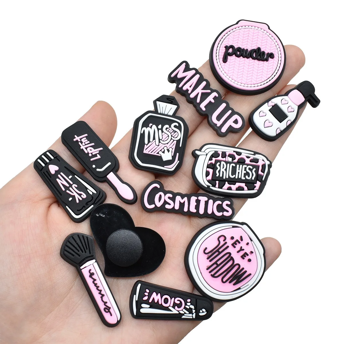 19-50Pcs Eye Shadow Lipstick PVC Shoe Charms Mix Cosmetics Woman Fashion Clog Button Decorations Fit Birthday Gift