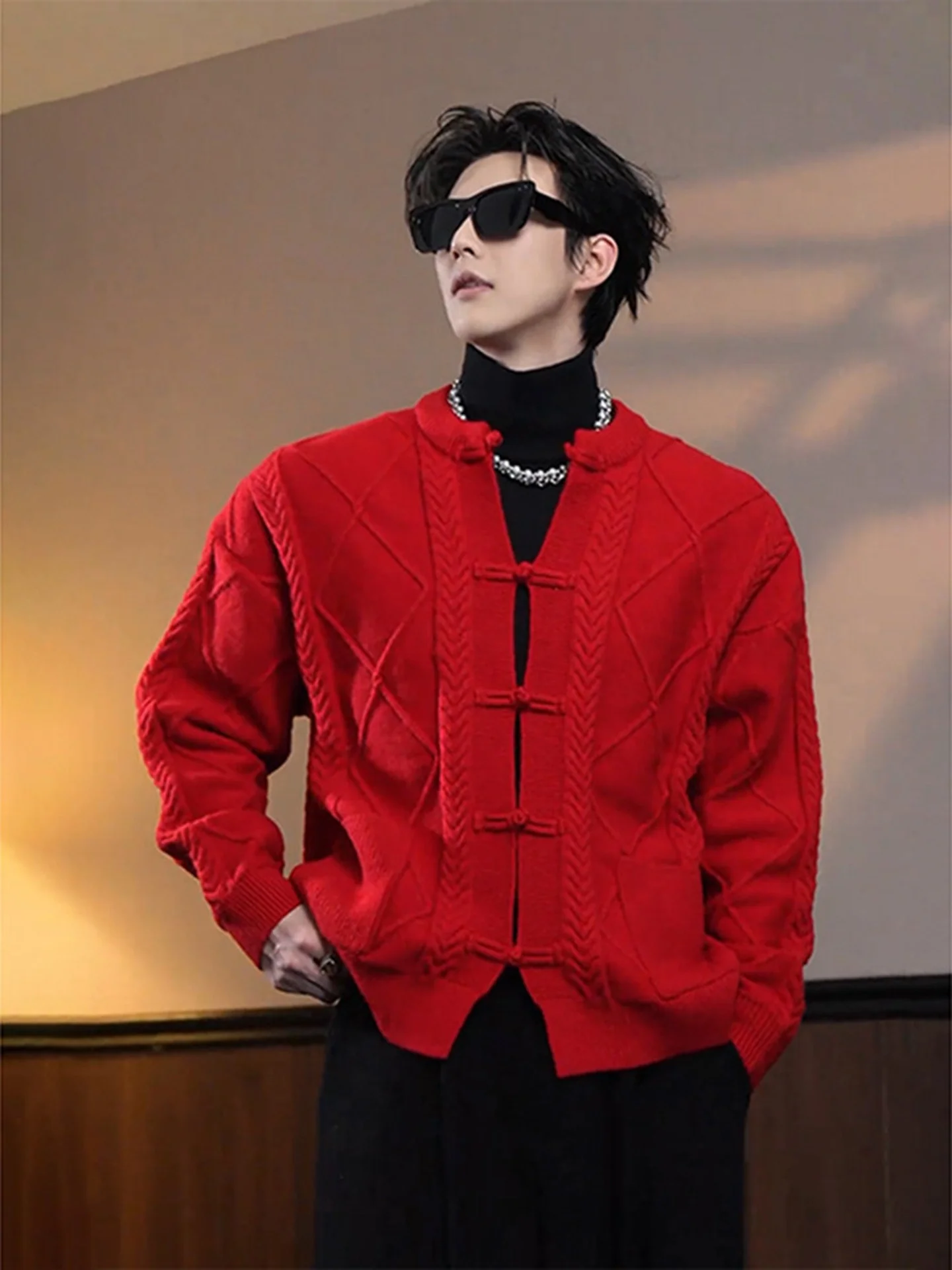

Red New Year Knitted Cardigan Sweater Men's Winter Traditional Chinese Button Embroidered Outerwear Couple's Jaet Women's