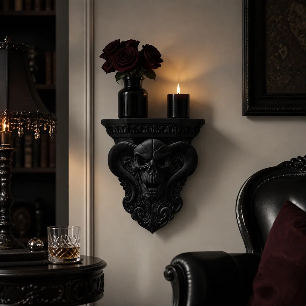Vintage Baroque Demon Skull Wall Sconce Shelf, Black Intricate Carving Ram Skull Wall Mount Rack, Witchy Gothic Wall Decor