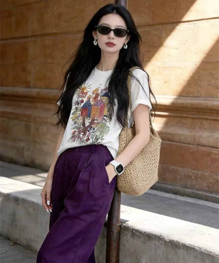 

Customization European women's clothing for summer 2026 - new styles Short-sleeved printed T-shirt Slit skirt set