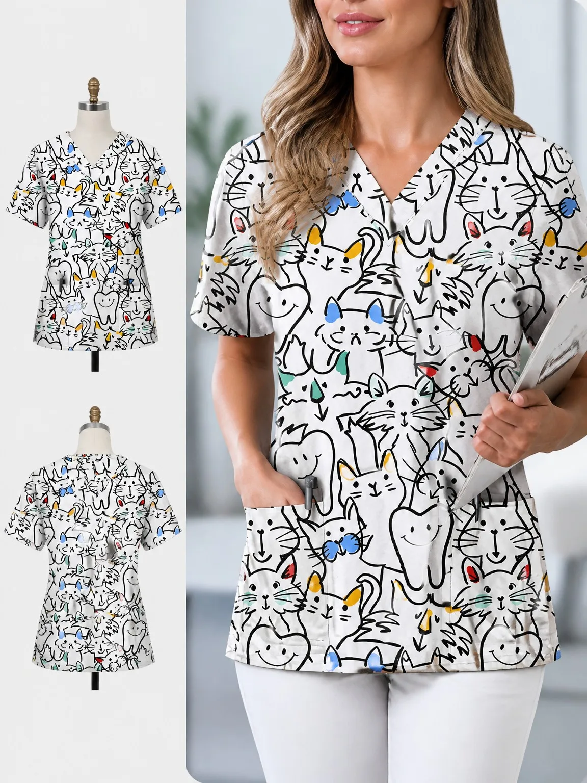 New Dental Print T-Shirt, Pet Clinic Multi-Pocket Women's Nursing Workwear, Veterinary Nursing Doctor Workwear Top