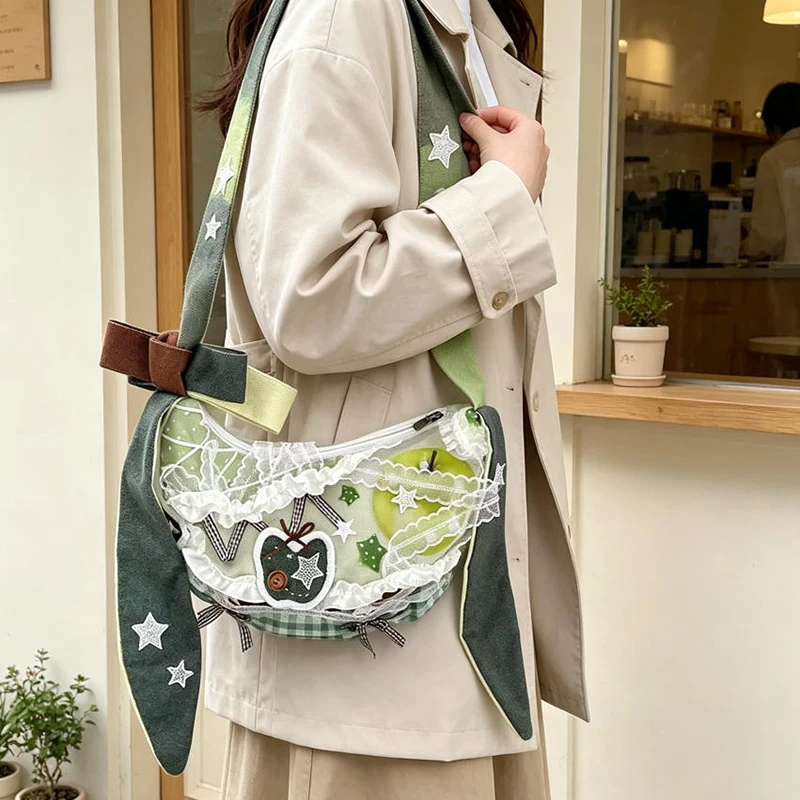Sac à bandoulière Lolita en tissu patchwork à motif écossais, avec oreilles de lapin et nœud en dentelle, broderie étoile, sac à main décontracté à fermeture éclair pour fille