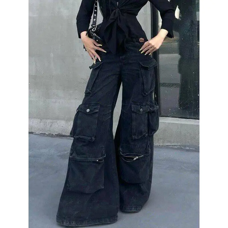 Calças Jeans Femininas Retrô Americanas Lavadas de Alta Resistência com Múltiplos Bolsos, Estilo Workwear, Verão, Jeans Solto...