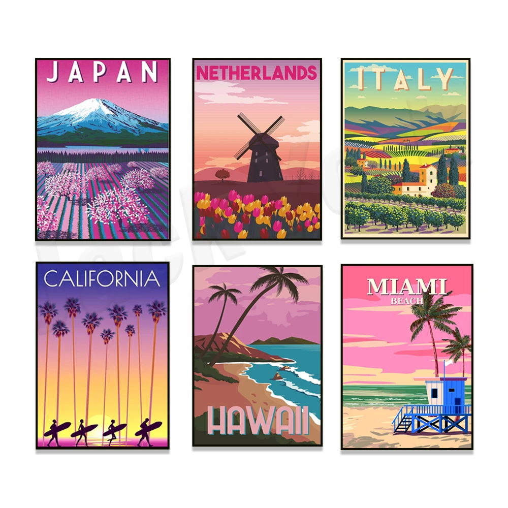 USA Miami Beach, California, San Francisco, Italy, Japan, Netherlands, Venice Italy, Prague, New York, Hawaii travel art poster
