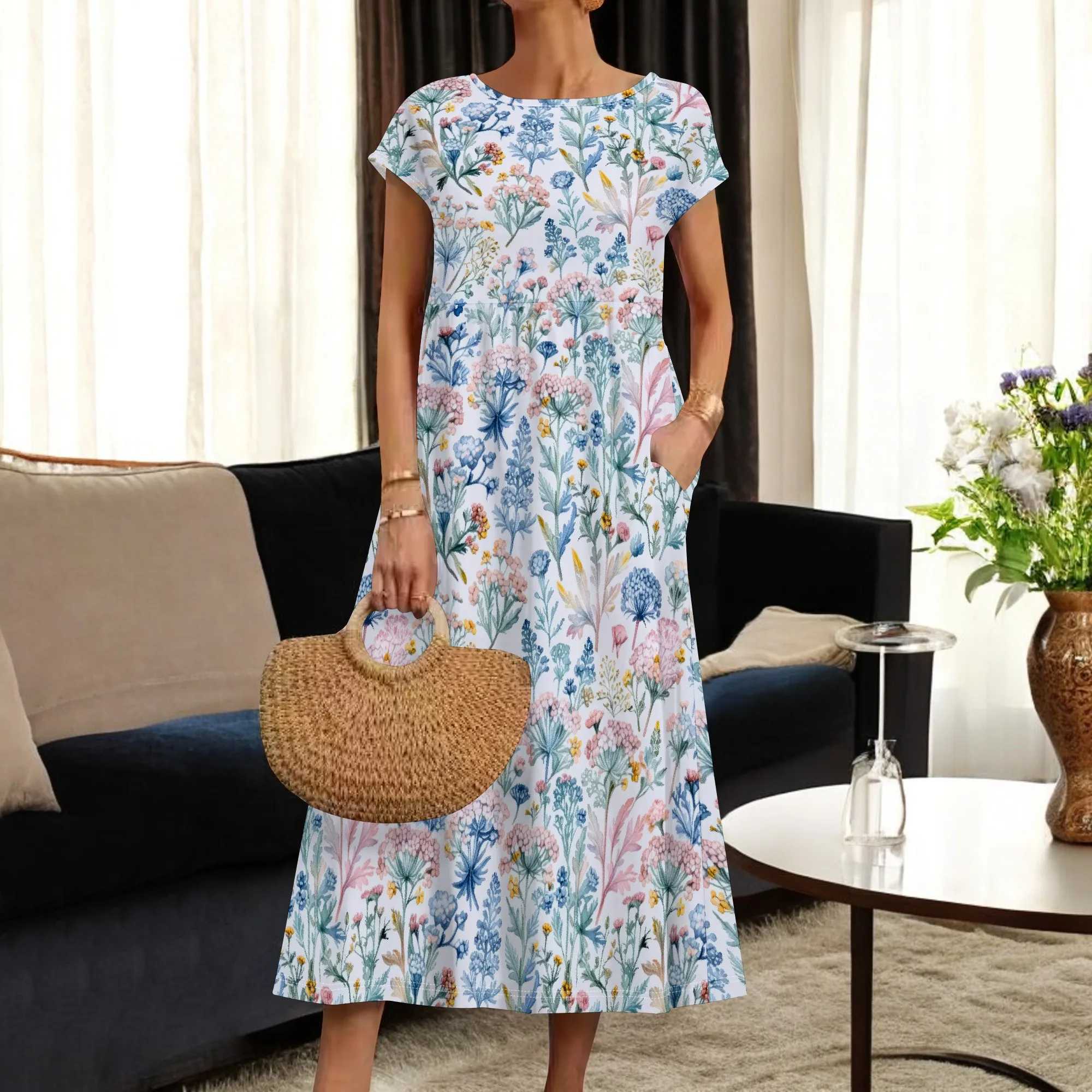 Sommer-Kurzarm-Midikleider in A-Linie für Damen, lässige Blumen-T-Shirt-Kleider, fließendes Strand-Sommerkleid mit Taschen