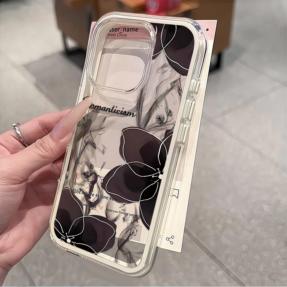 Schwarze Blumen-Romantik-Druck Handyhülle für iPhone 16 14 15 Plus 12 13 14 15 11 17 16 Pro Max Air X XS Transparente Weiche Hülle – Detail 5