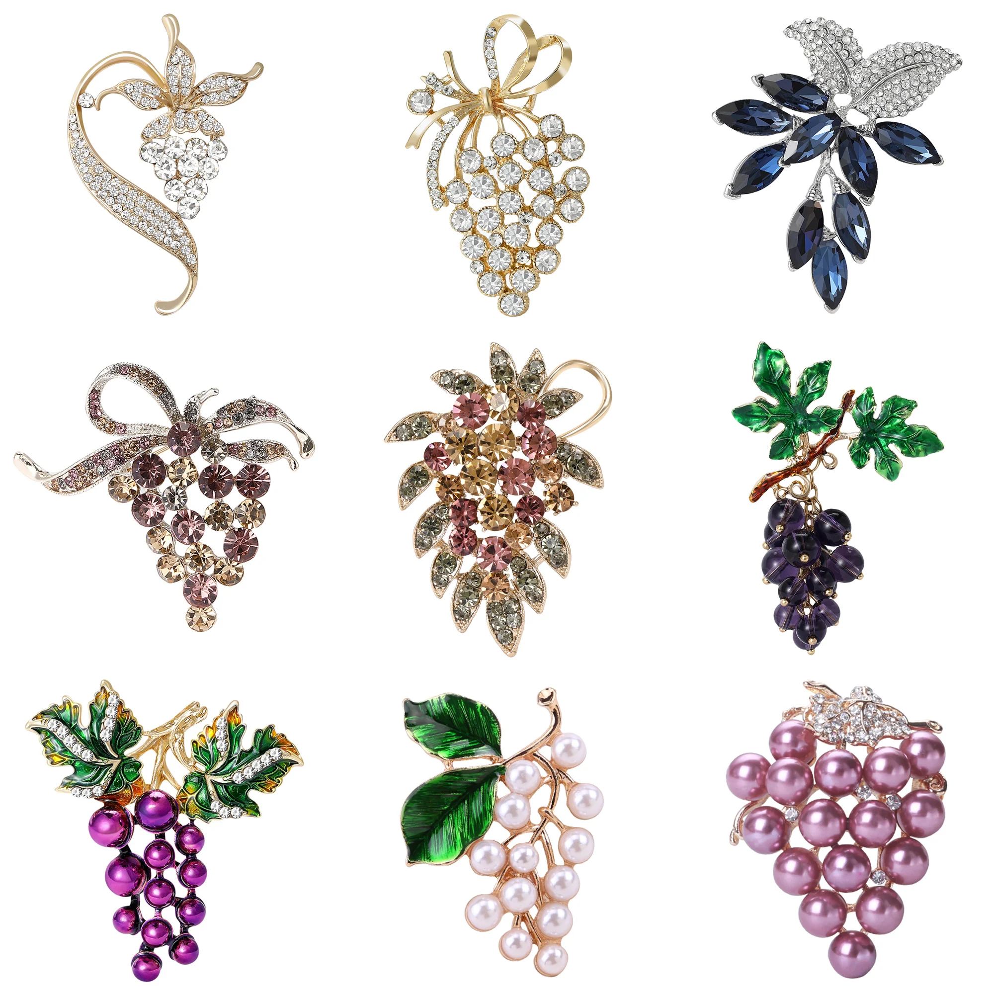 Luxury Rhinestone Grape Brooches for Women Unisex Pearl Fruit Plant Pins Casual Party Accessories New Gifts Friends Decoration
