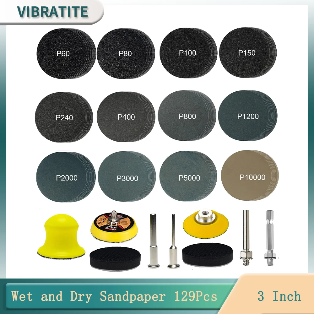 2 Inch Wet and Dry Sandpaper Kit 60-10000 Assorted Grit Silicon Carbide with Shank and Interface Pad for Grinding Wood Metal