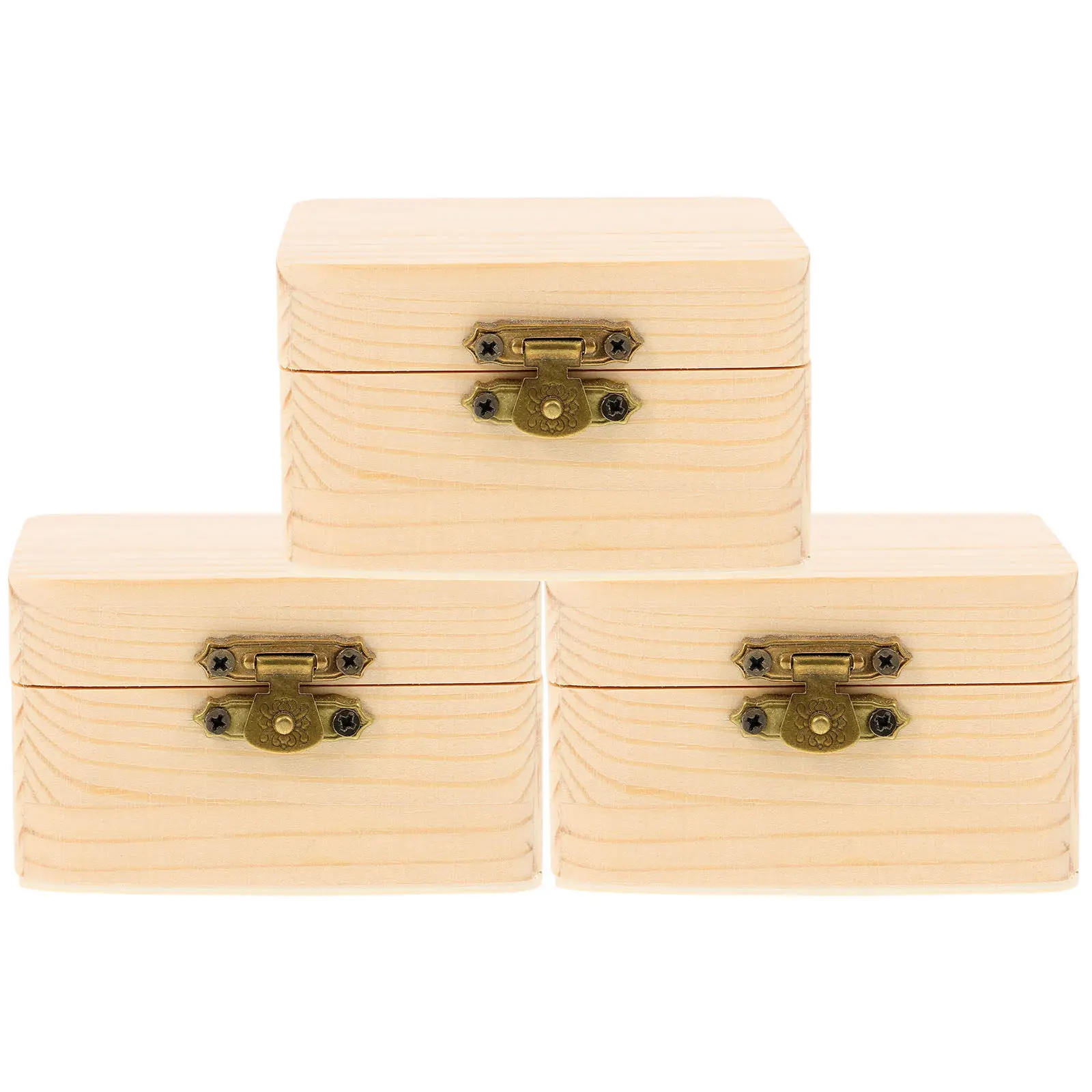 3Pcs Wood Case Solid Color Thickened Square Lock Design Multi-Function DIY Graffiti Clay Craft Storage Box for Jewelry Cosmetics