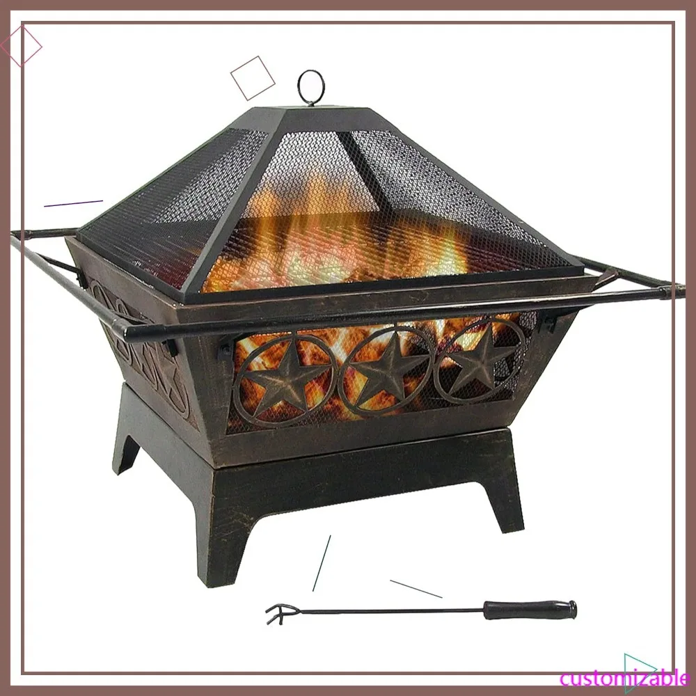 

32-дюймовое квадратное уличное костровое место для костра с решеткой-гриль, защитным экраном от искр и кочергой - сверхпрочное, для сжигания дров, для заднего двора