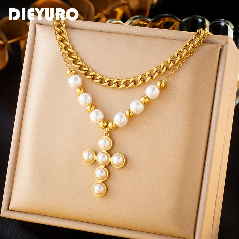 DIEYURO 316L Stainless Steel Cross Pearl Pendant Necklace For Women New Trendy 2-Layer Neck Chains Jewelry Gift collier femme