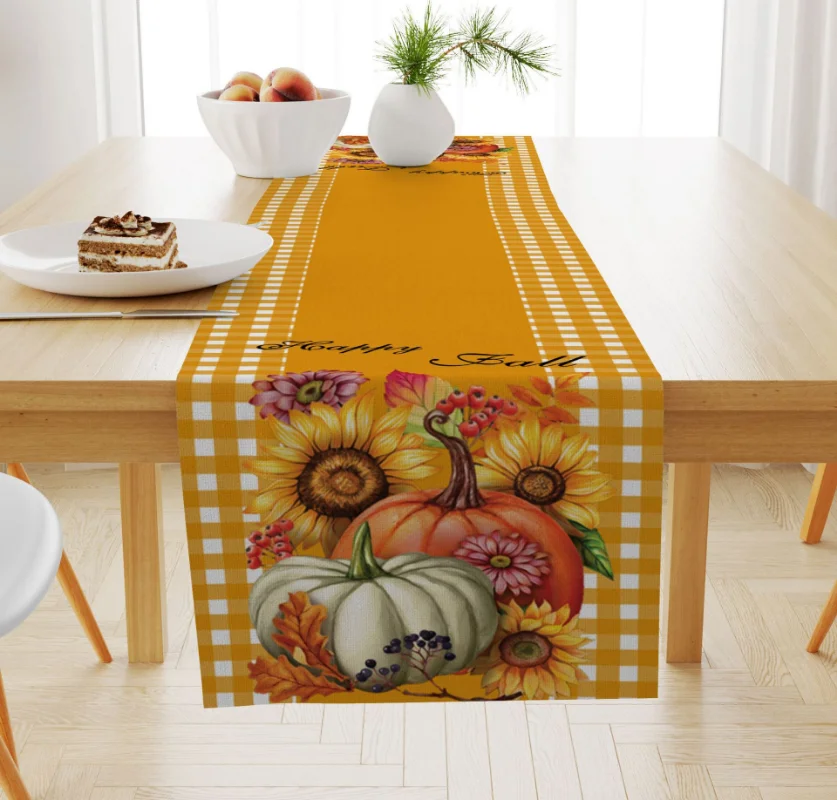 Autumn Pumpkin Maple Leaf Print Table Runner Holiday Decoration Table Party Table Mat Restaurant Coffee Table Dresser Scarf