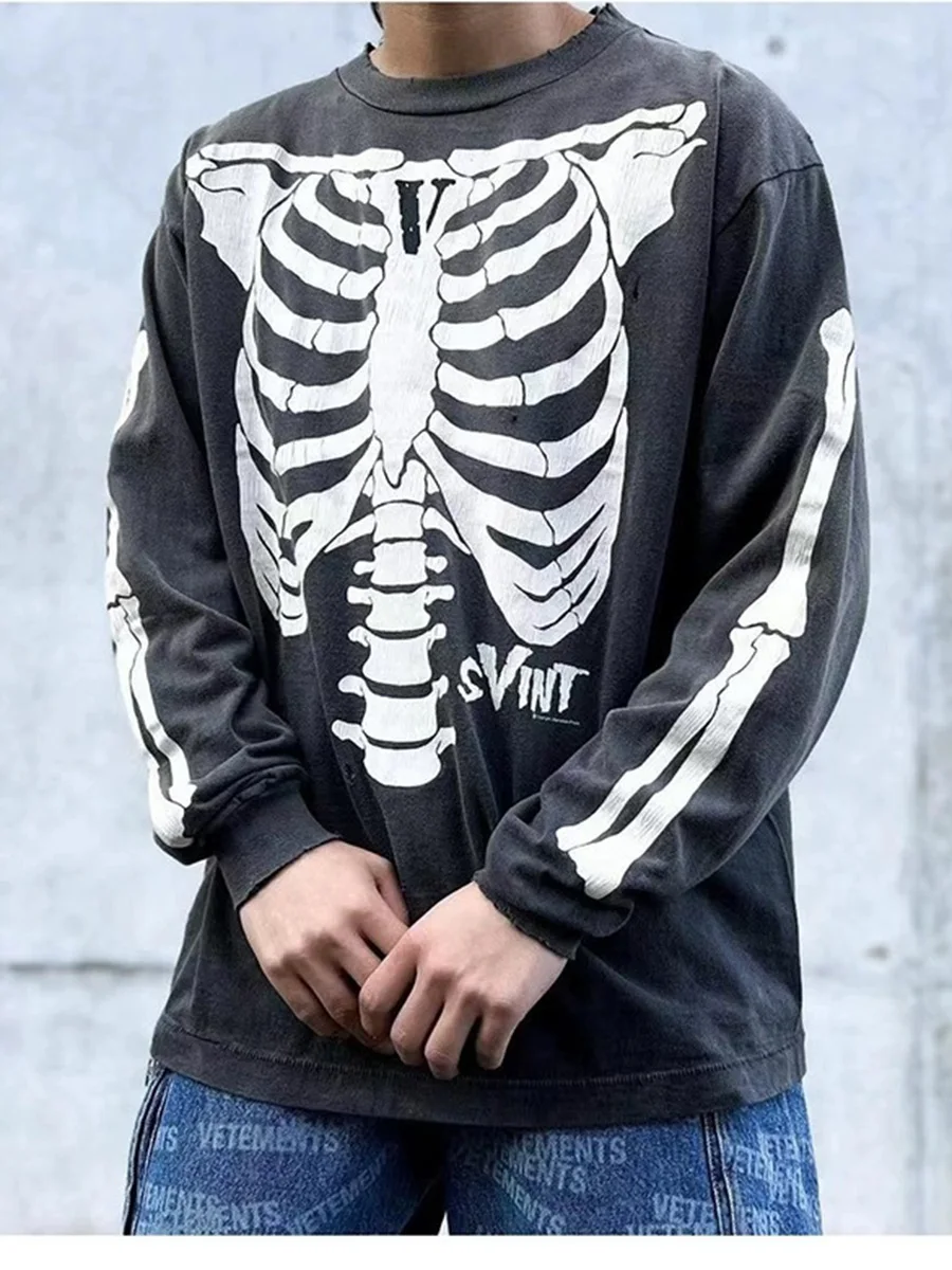 Retro Washed American Skeleton Print Loose Long Sleeve T-Shirt Men's Trendy Casual Cotton Breathable round Neck Tee
