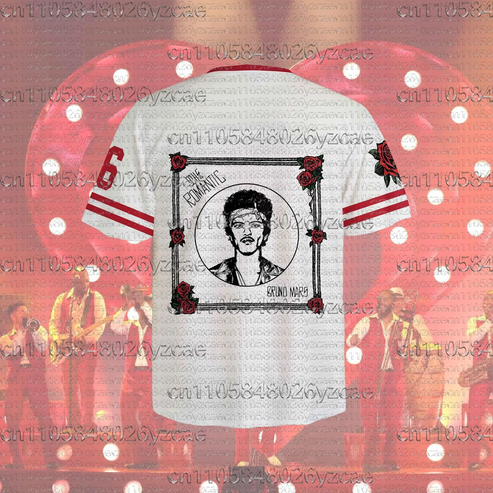 Bruno Mars The Romantic Tour 2026 Nummeriertes Fußballtrikot mit Vintage-Rose-Grafik, Kurzarm-Retro-Konzert-Oberteil für Erwachsene – Detail 7