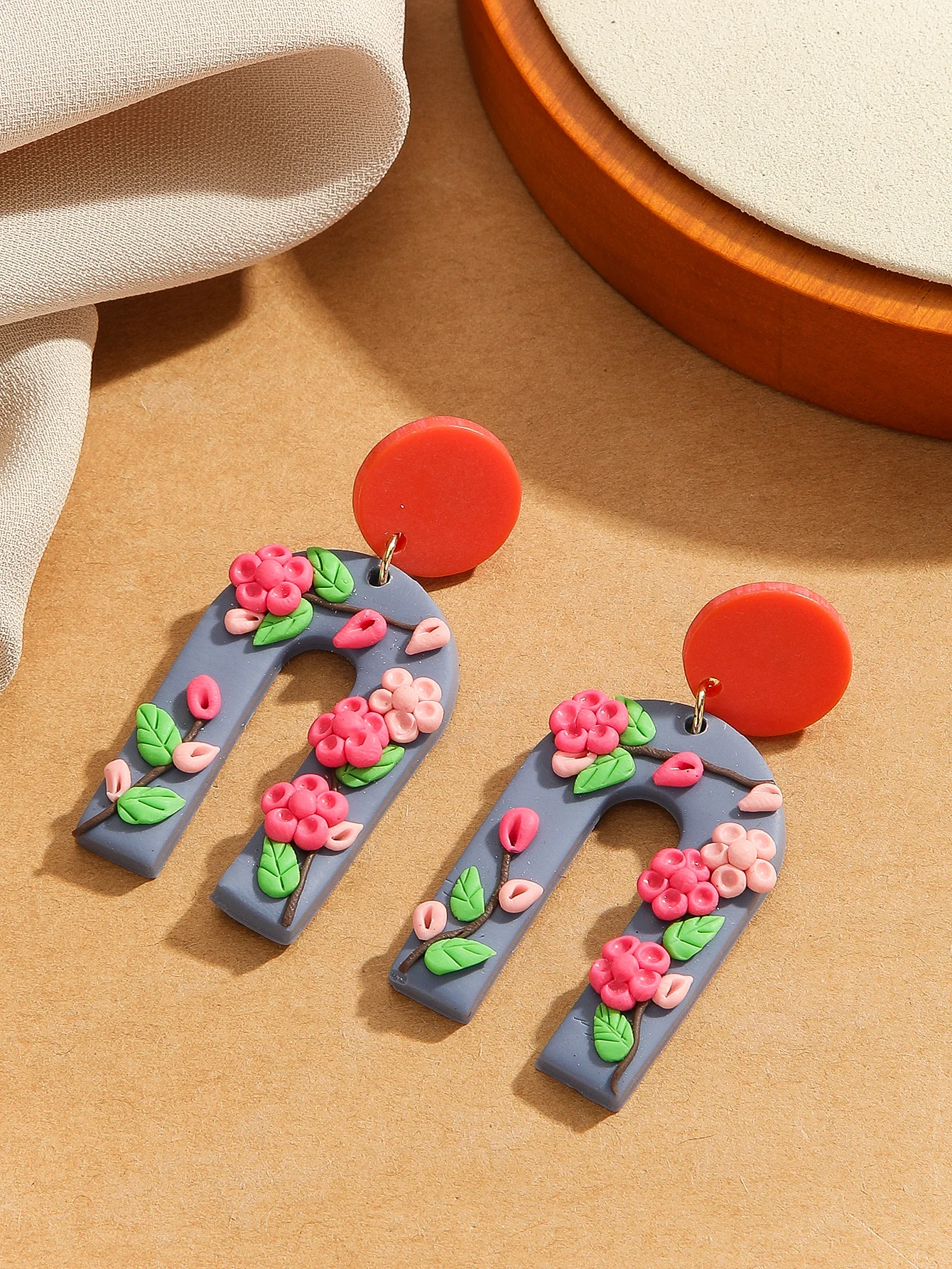 Handmade Polymer Clay Earrings Boho Floral Arch Round Dangle Lightweight For Women Colorful Bouquet Daisy Pastel Cute Gift