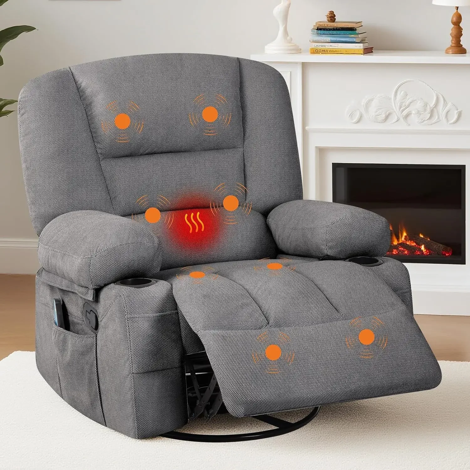 Vibration Heat Massage Rocking Recliner Chair 360 Swivel Chenille Rocker For Living Room Home Theater Seating Cup Holders Side P