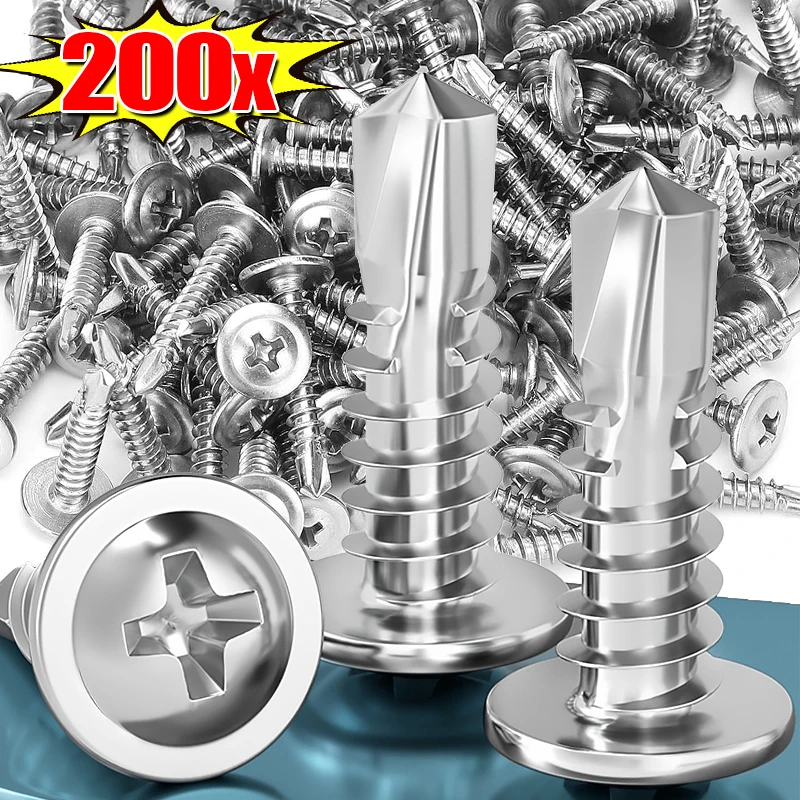 

200/20 шт. саморезы из нержавеющей стали с большой плоской головкой и крестообразным шлицем, самосверлящие винты для дерева, листового металла, наборы ассортиментов