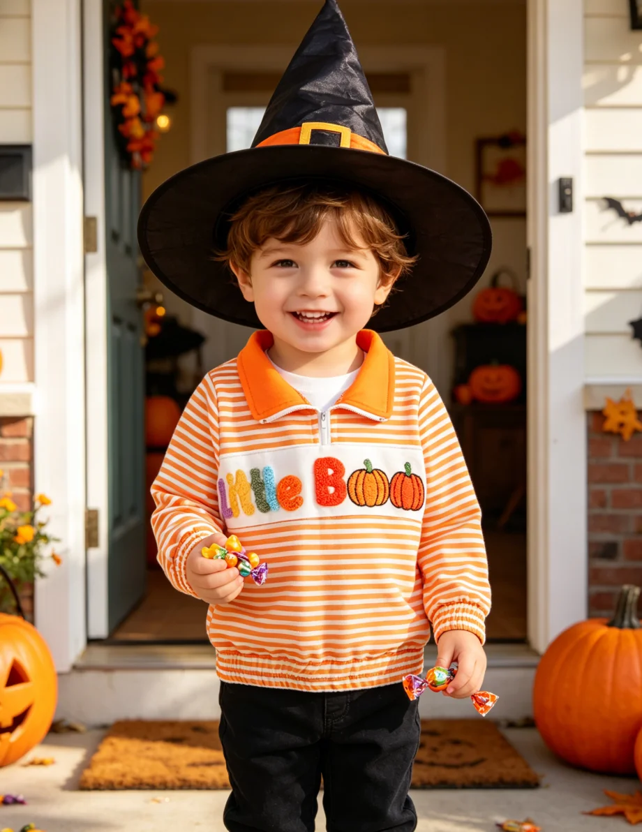 

Toddler Kids Halloween Striped Half Zip Polo Sweatshirt Pumpkin Embroidery Long Sleeve Fall Tops