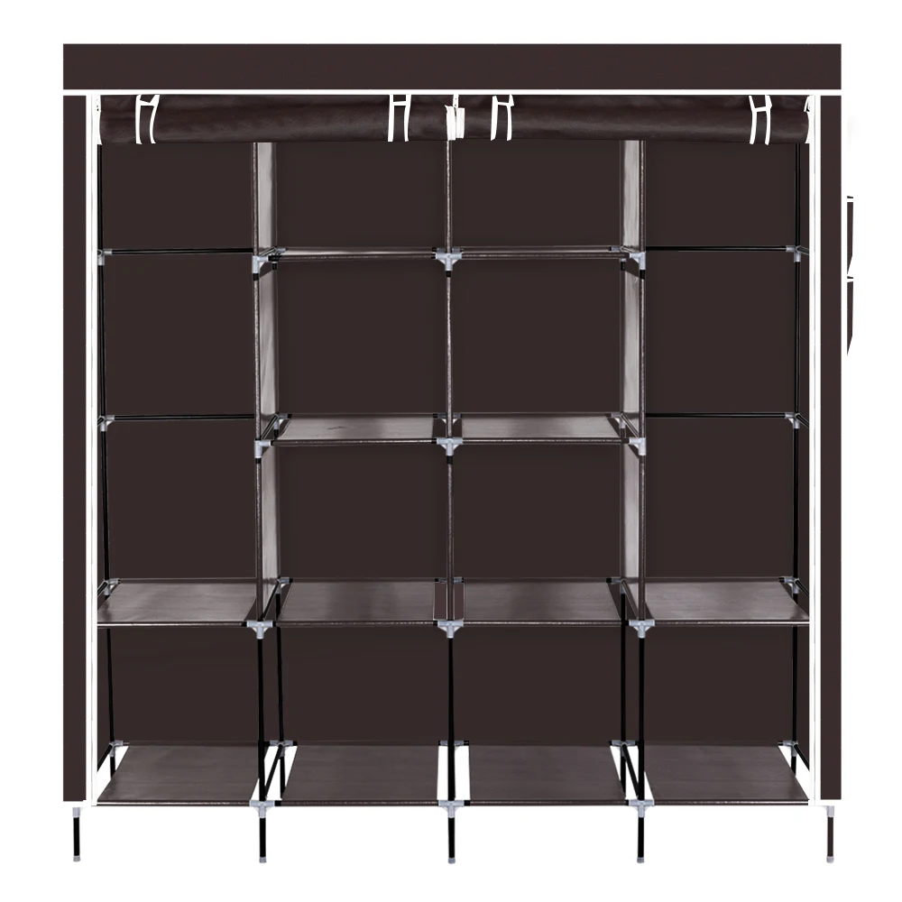 Clothes Closet Portable Wardrobe Clothes Storage Rack 12 Shelves 4 Side Pockets Dark Brown