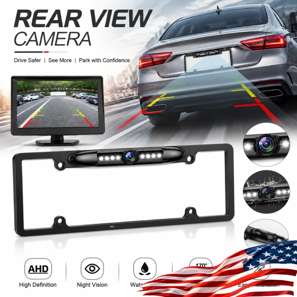 License Plate Backup Camera 170° Wide Angle 8 LED Night Vision HD Rear View Camera IP68 Waterproof Universal Car Reversing Camera Frame Mount USA Stand