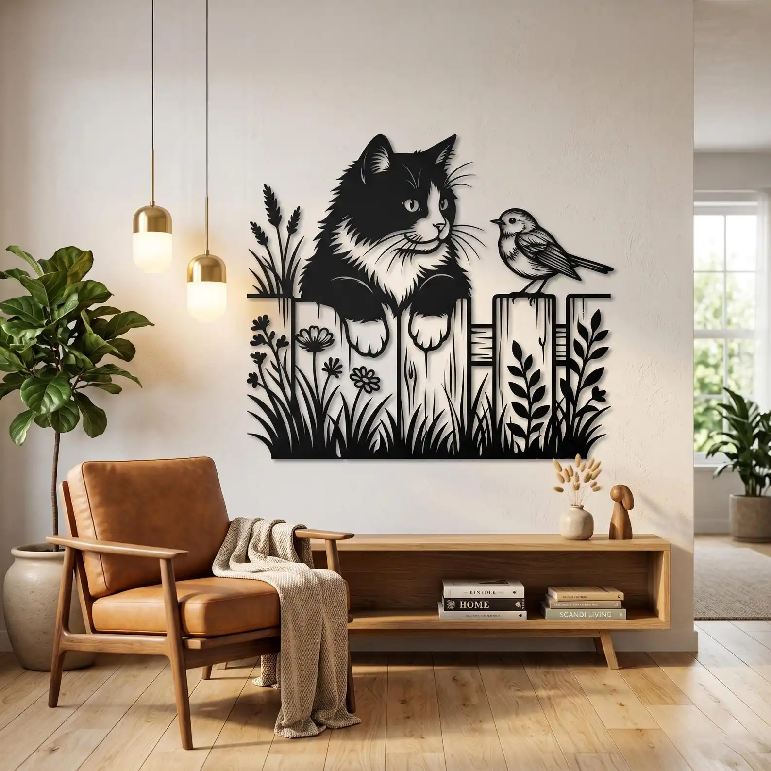 CIFBUY Iron Wall Art Curious Cat Bird Floral Waterproof Sculpture For Home Hanging Decor Minimalist Gift
