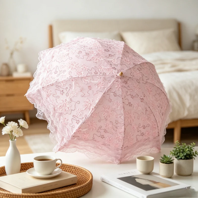 Pink Lace Embroidered Sun Umbrellas 2 Fold UV Protection Parasol for Girl Princess Rain Umbrella Vintage Frilly Folding Umbrella