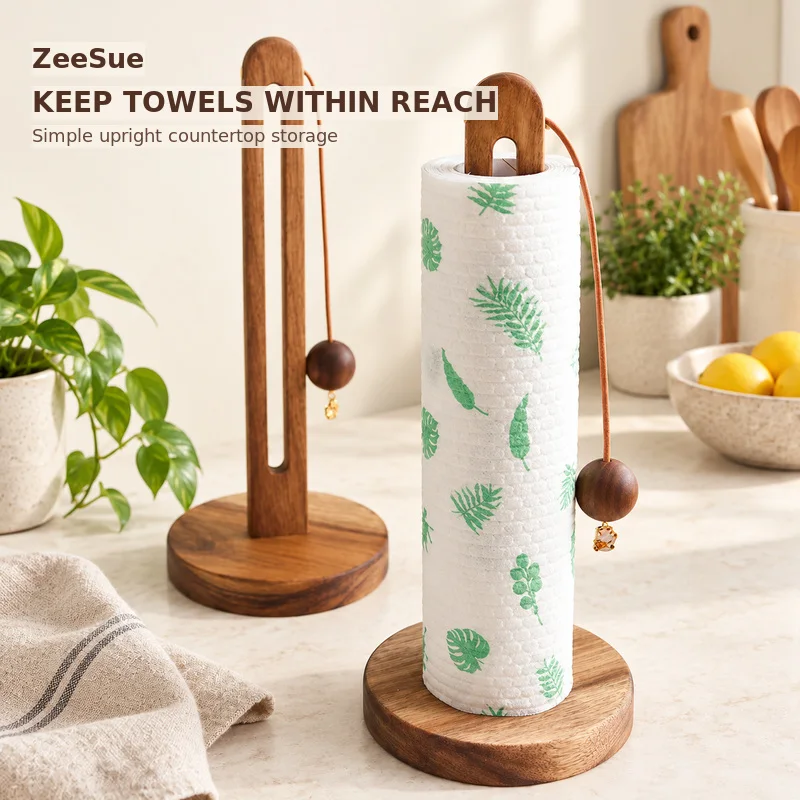 ZeeSue Freestanding Wooden Paper Towel Roll Holder with Natural Wood Grain, Decorative Bead Cord and Stable Round Base for Count