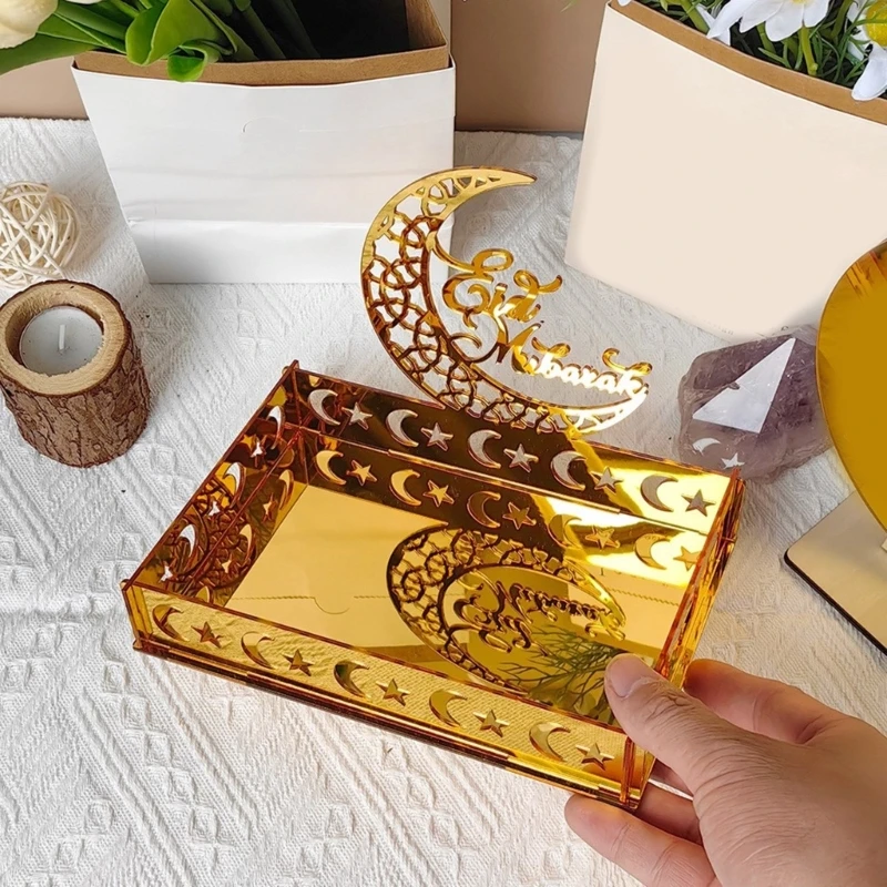 Eid Tray Table Centerpieces Plate Acrylic Ramadans Home Decorations Eid Muslims Festive Gift Gold Moon Decor