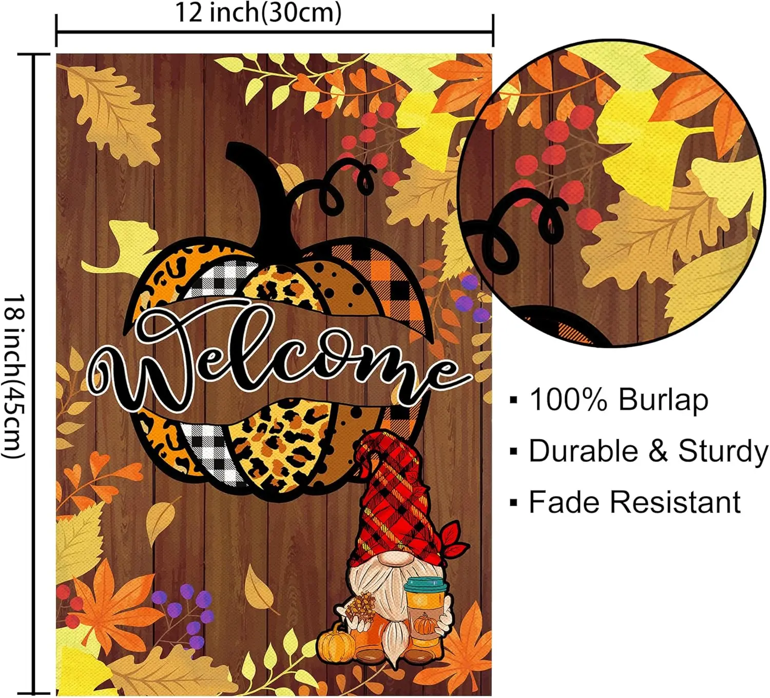 Fall Garden Flag, Hello Fall Flag 12x18 Double Sided, Welcome Fall Pumpkins Gnomes with Autumn Maple Leaves Burlap Vertical  yyi