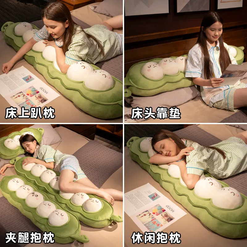 Cute pea long body pillow large bedside leg support cushion comfortable sleeping hug pillow for men women bedroom use
