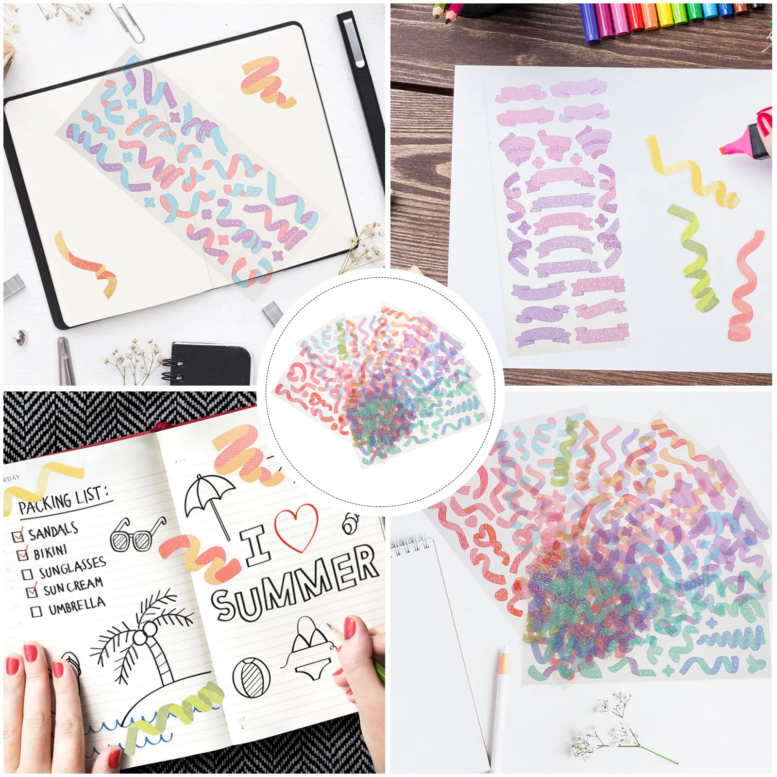 7Pcs PVC Sticker Colorful Ribbon Self Adhesive Glitter Shine DIY Scrapbook Album Planner Decorative DIY Craft Stickers Scrapbook