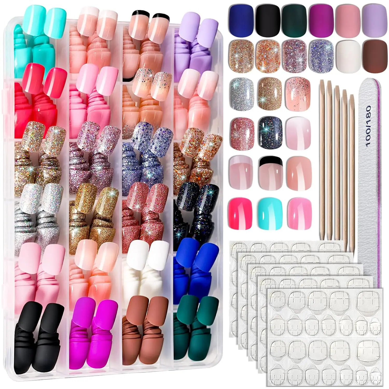 

576PCS 24 Colors Press on Nails Short Square Round Matte Glossy Glitter Natural Fit Fake Nails for Nail Art