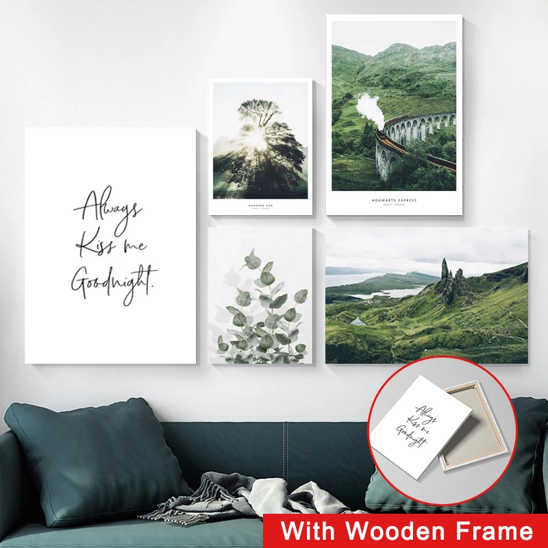 Framed Nordic Green Nature Canvas Painting Forest Leaves Mountain Landscape Wall Art Scandinavian Scenery Poster Home Decor