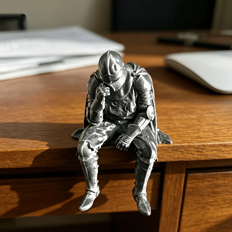 Medieval Knight Figurine 3Dprinting Meditation Armor Warrior Statue Edge Sitter Desk Ornament for Home Office Bedroom Decor Gift