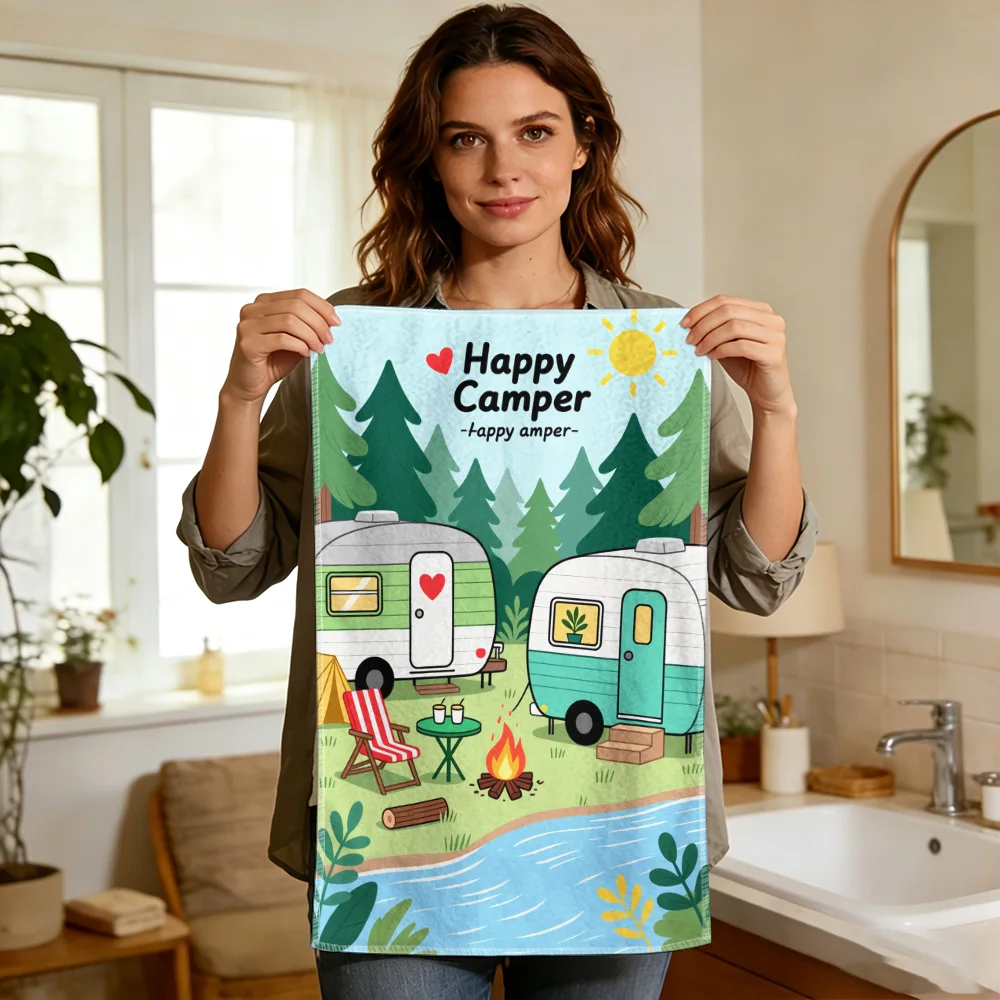 1pc/2pcs Camping Scene and Car Print Kitchen Towel-Super absorbent, reusable polyester dishcloths perfect for home decor, cookin
